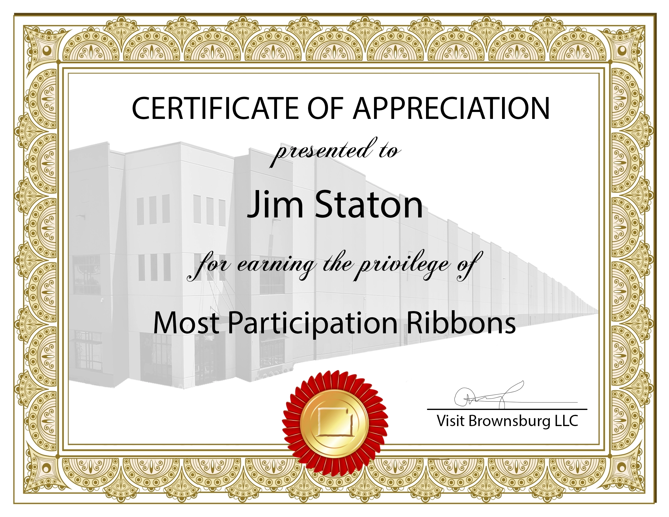 Jim Staton Award Certificate for Most Participation Ribbons in Brownsburg, Indiana